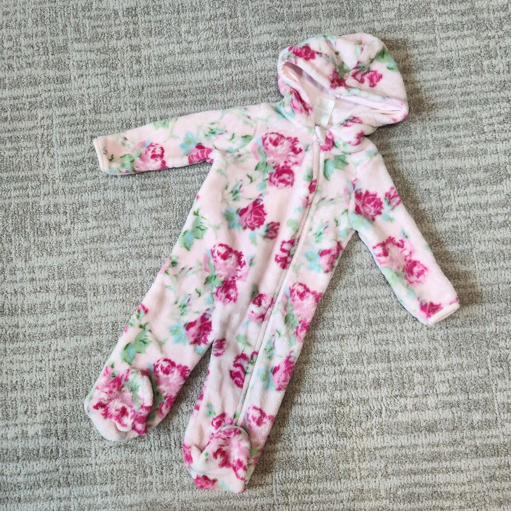 Laura Ashley Plush Hood Coverall Pink Floral bunting suit size 6-9 months